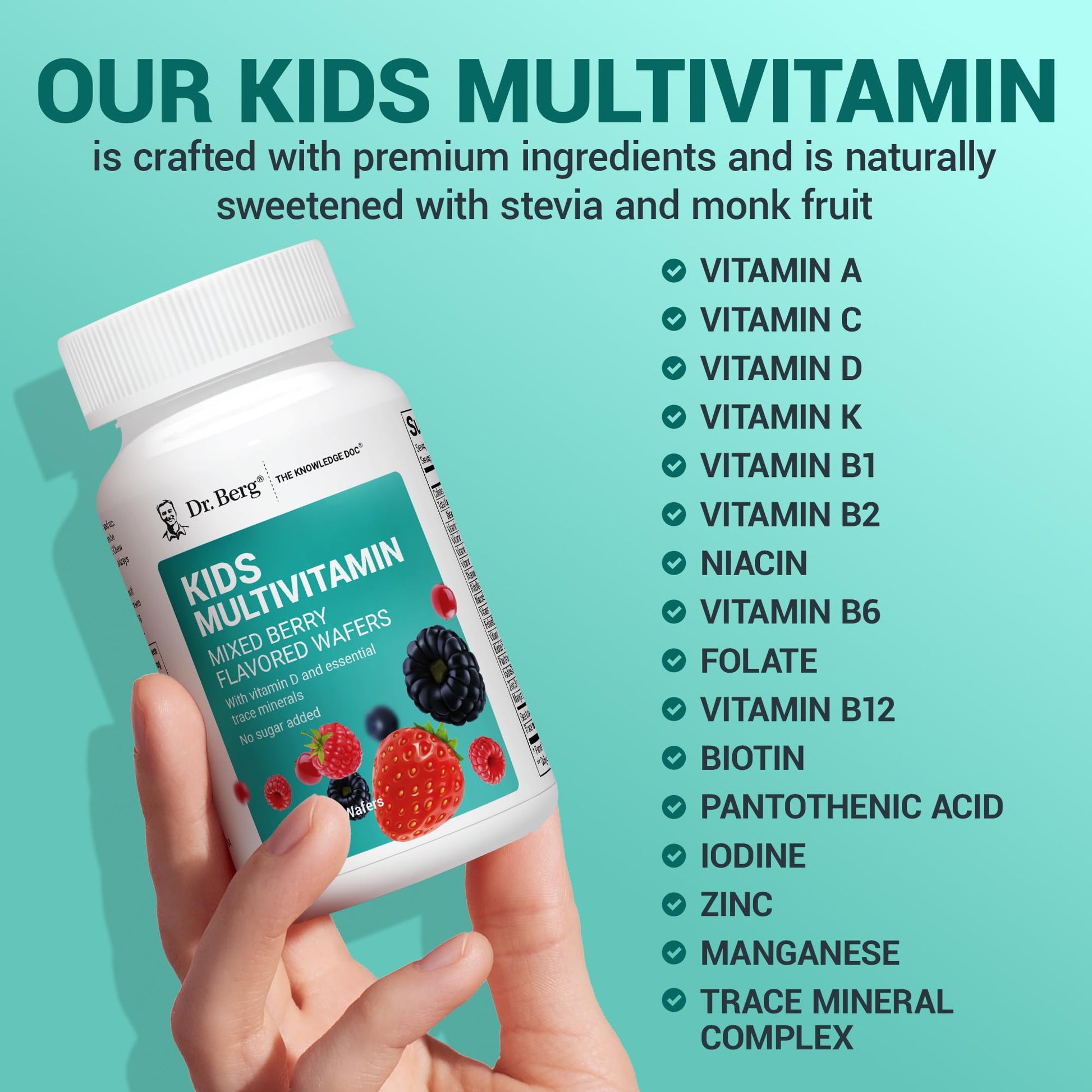Dr. Berg Kids Chewable Multivitamins (NOT Sweetened w/Sugar) - Daily Multivitamin for Kids that Includes 20 Nutrients & Trace Mineral Complex - Mixed Berry Chewable Vitamins for Kid - Red Wafers - dailyvitalstore