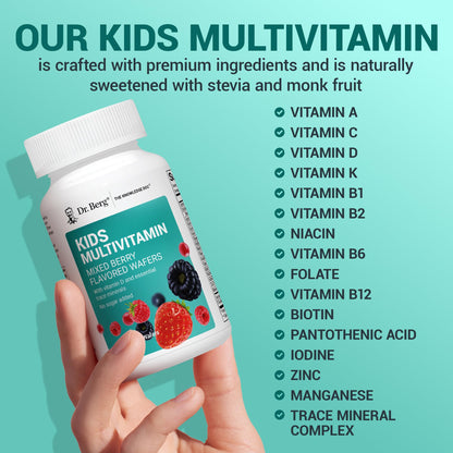 Dr. Berg Kids Chewable Multivitamins (NOT Sweetened w/Sugar) - Daily Multivitamin for Kids that Includes 20 Nutrients & Trace Mineral Complex - Mixed Berry Chewable Vitamins for Kid - Red Wafers - dailyvitalstore
