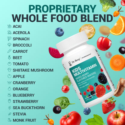 Dr. Berg Kids Chewable Multivitamins (NOT Sweetened w/Sugar) - Daily Multivitamin for Kids that Includes 20 Nutrients & Trace Mineral Complex - Mixed Berry Chewable Vitamins for Kid - Red Wafers - dailyvitalstore