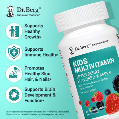 Dr. Berg Kids Chewable Multivitamins (NOT Sweetened w/Sugar) - Daily Multivitamin for Kids that Includes 20 Nutrients & Trace Mineral Complex - Mixed Berry Chewable Vitamins for Kid - Red Wafers - dailyvitalstore