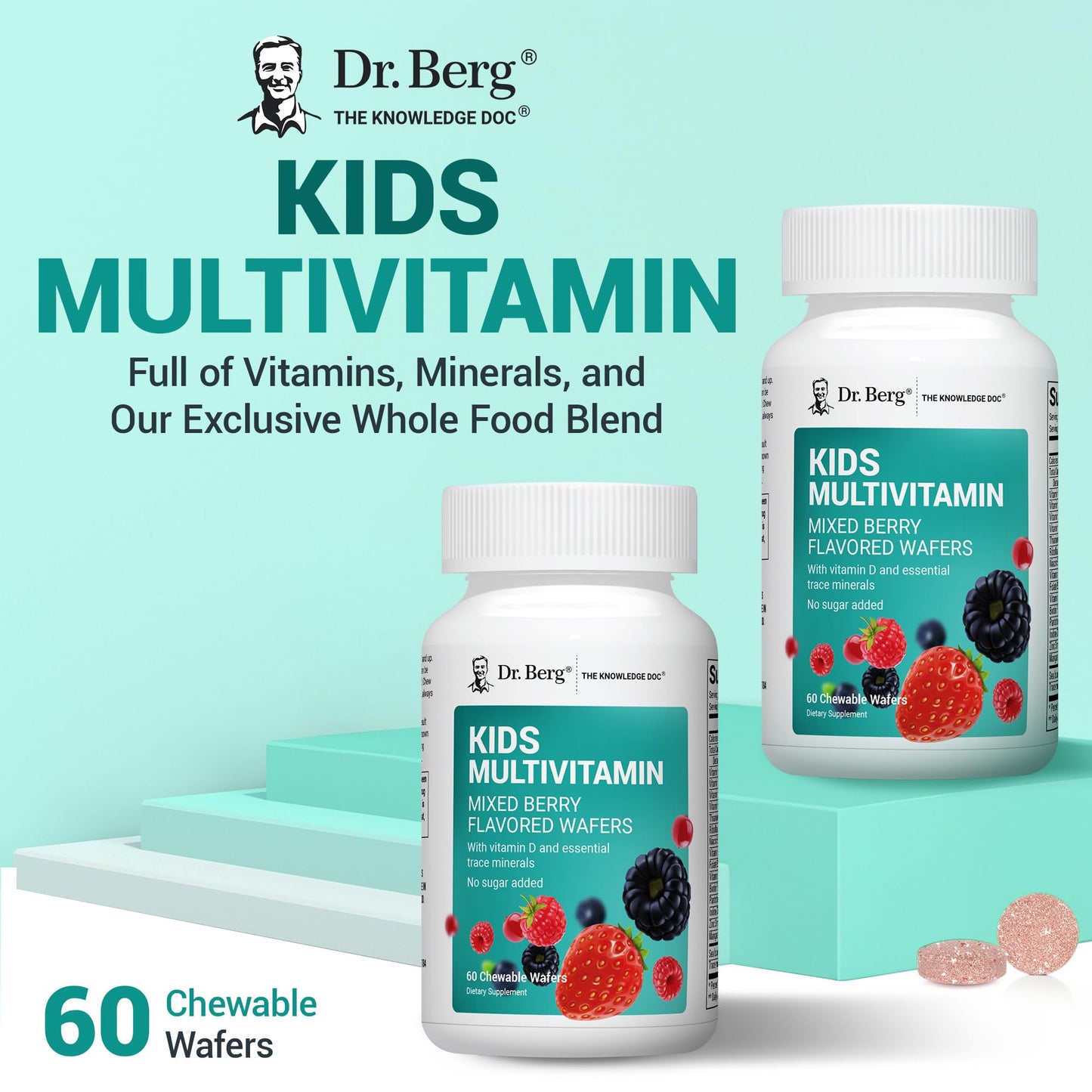 Dr. Berg Kids Chewable Multivitamins (NOT Sweetened w/Sugar) - Daily Multivitamin for Kids that Includes 20 Nutrients & Trace Mineral Complex - Mixed Berry Chewable Vitamins for Kid - Red Wafers - dailyvitalstore