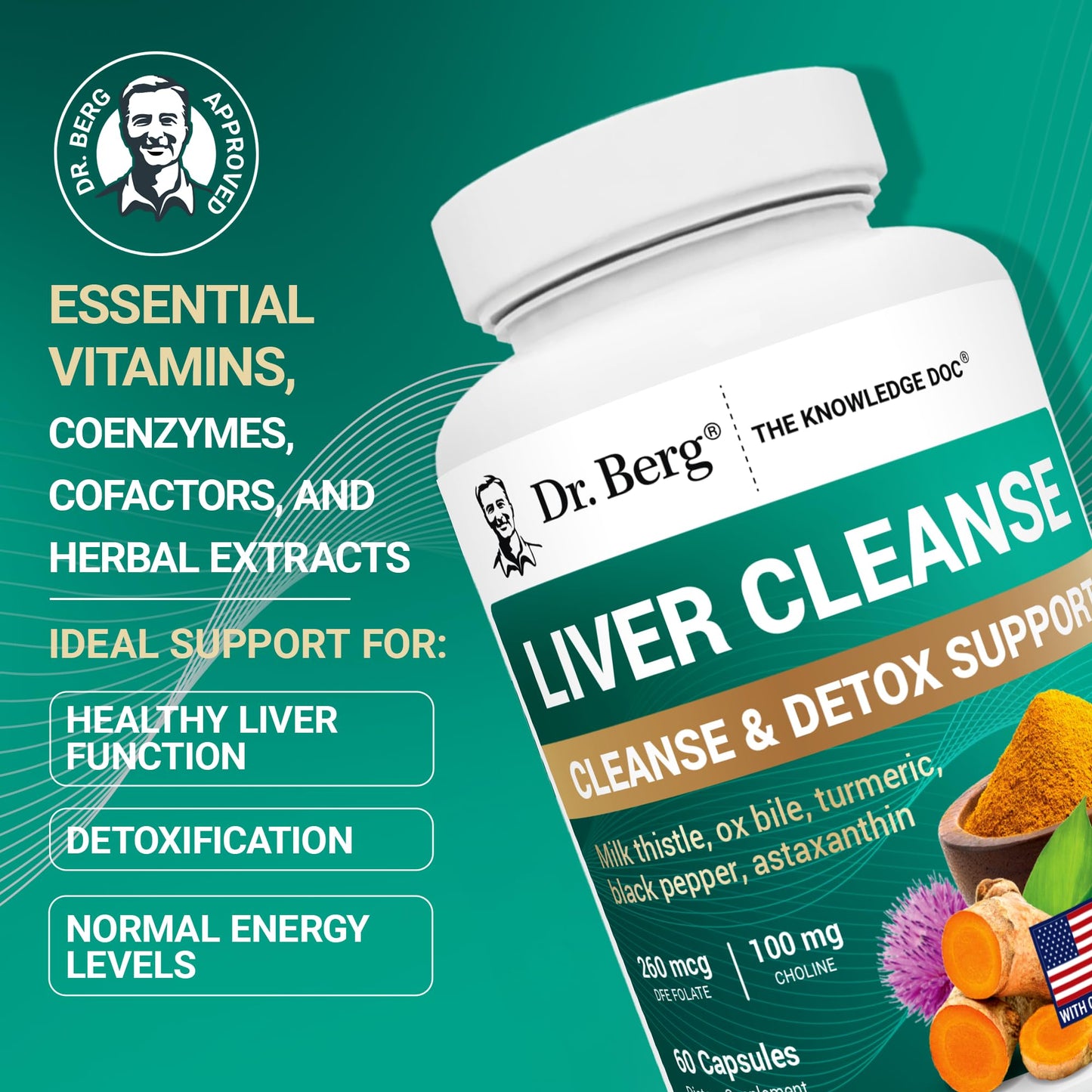 Dr. Berg Liver Cleanse Detox Capsules w/Unique Blend of Milk Thistle, Ox Bile & Folate - Liver Supplement Includes Turmeric, Black Pepper & Choline - 60 Capsules - dailyvitalstore