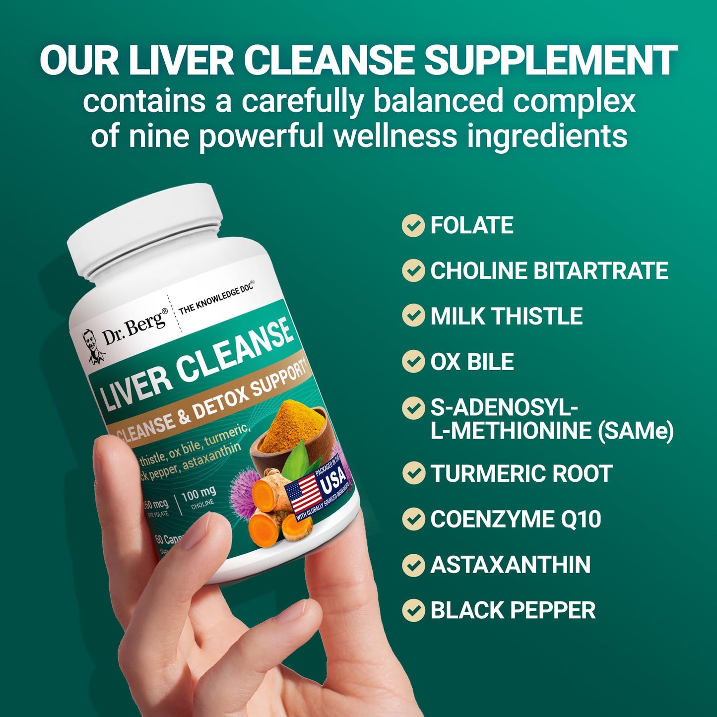 Dr. Berg Liver Cleanse Detox Capsules w/Unique Blend of Milk Thistle, Ox Bile & Folate - Liver Supplement Includes Turmeric, Black Pepper & Choline - 60 Capsules - dailyvitalstore