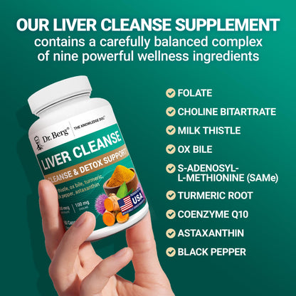 Dr. Berg Liver Cleanse Detox Capsules w/Unique Blend of Milk Thistle, Ox Bile & Folate - Liver Supplement Includes Turmeric, Black Pepper & Choline - 60 Capsules - dailyvitalstore