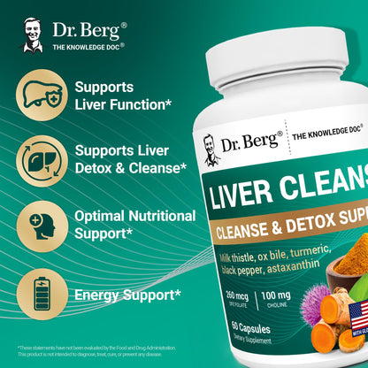 Dr. Berg Liver Cleanse Detox Capsules w/Unique Blend of Milk Thistle, Ox Bile & Folate - Liver Supplement Includes Turmeric, Black Pepper & Choline - 60 Capsules - dailyvitalstore