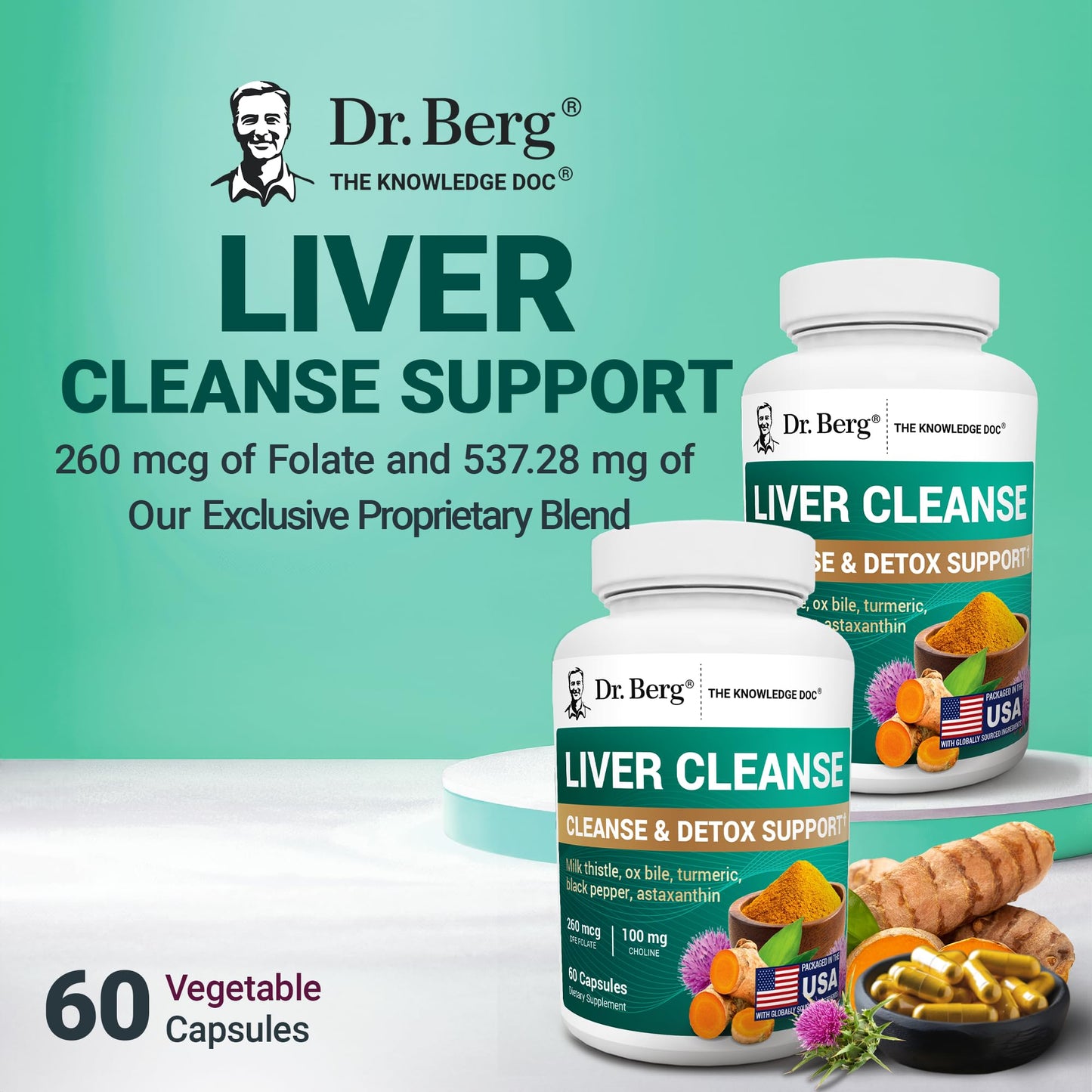 Dr. Berg Liver Cleanse Detox Capsules w/Unique Blend of Milk Thistle, Ox Bile & Folate - Liver Supplement Includes Turmeric, Black Pepper & Choline - 60 Capsules - dailyvitalstore