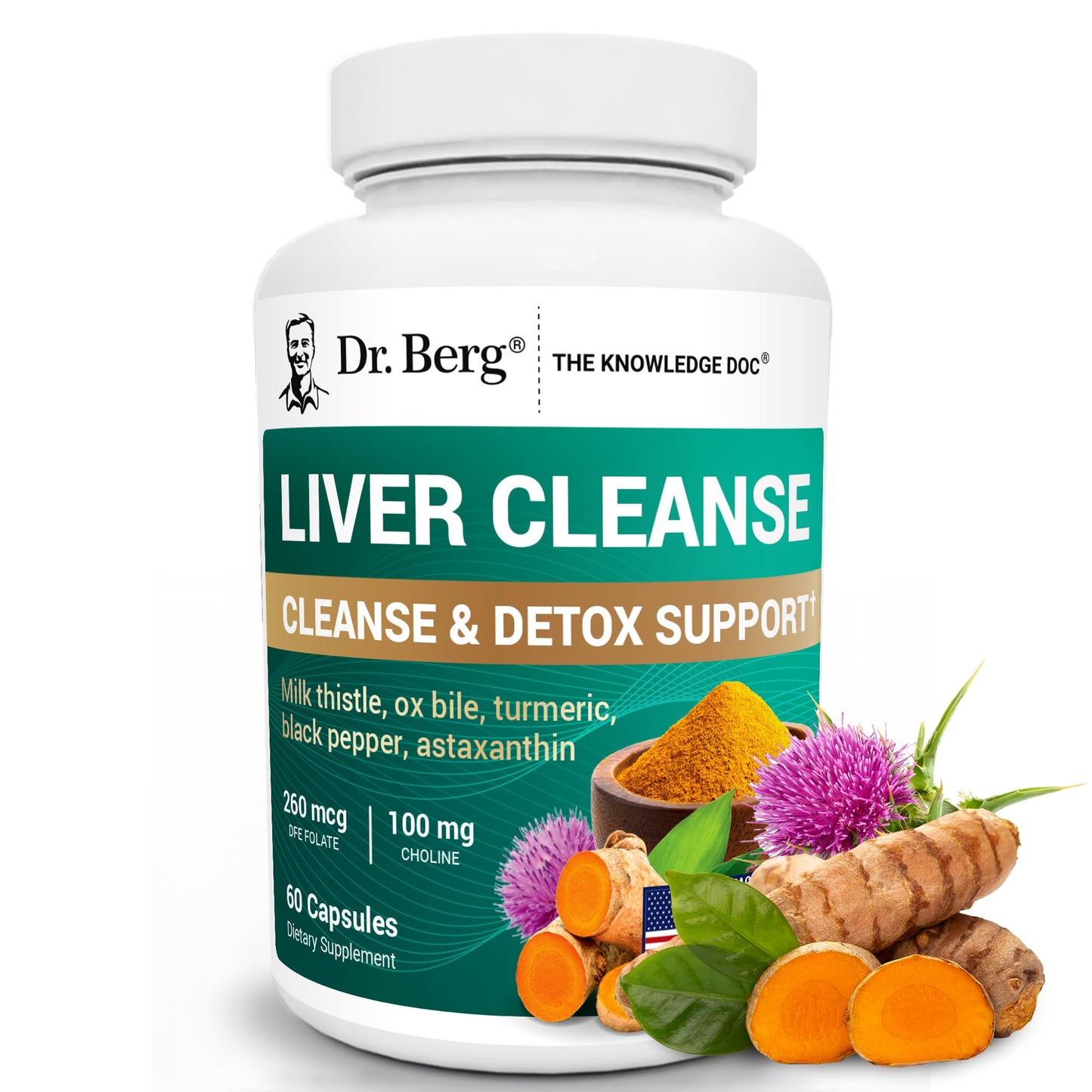 Dr. Berg Liver Cleanse Detox Capsules w/Unique Blend of Milk Thistle, Ox Bile & Folate - Liver Supplement Includes Turmeric, Black Pepper & Choline - 60 Capsules - dailyvitalstore