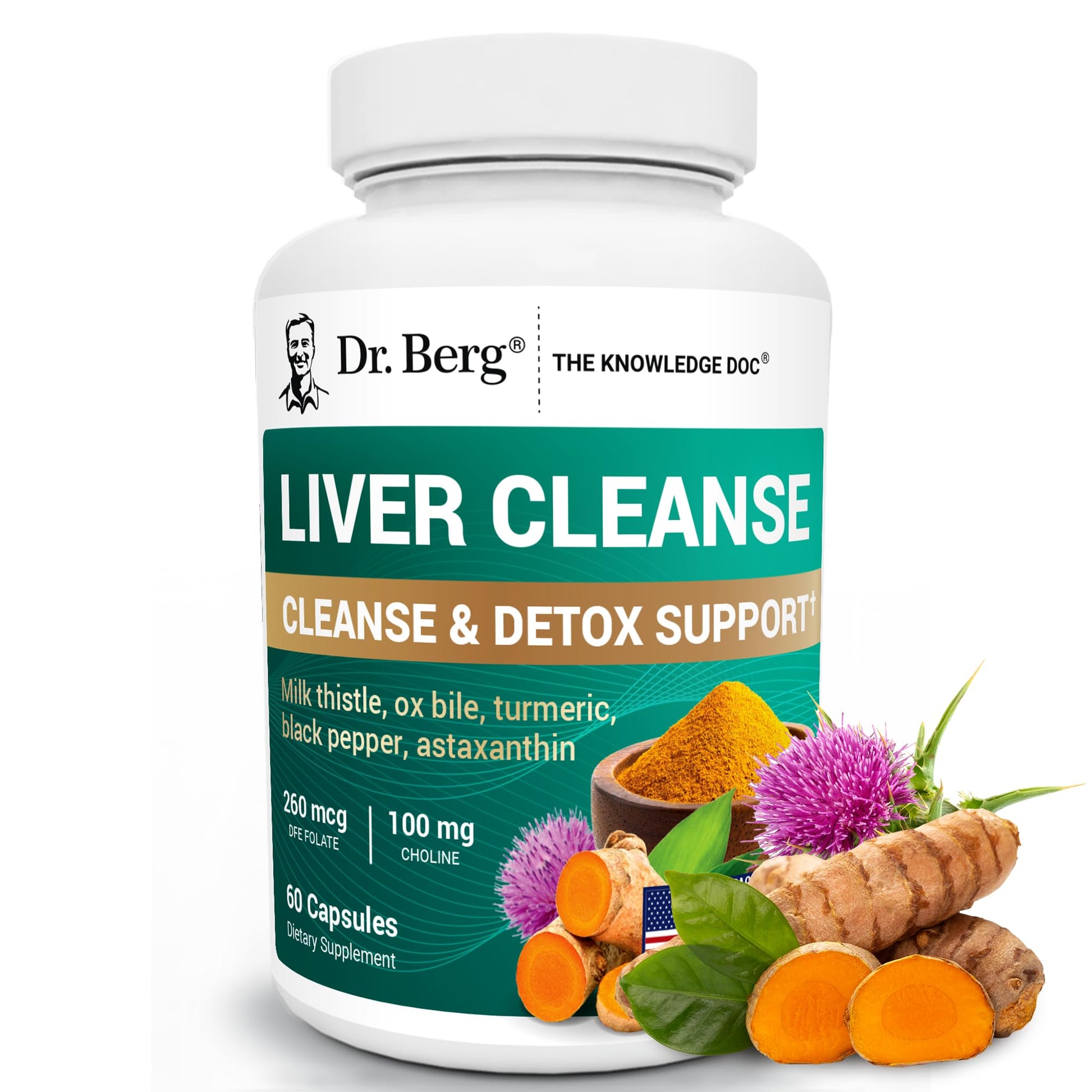 Dr. Berg Liver Cleanse Detox Capsules w/Unique Blend of Milk Thistle, Ox Bile & Folate - Liver Supplement Includes Turmeric, Black Pepper & Choline - 60 Capsules - dailyvitalstore