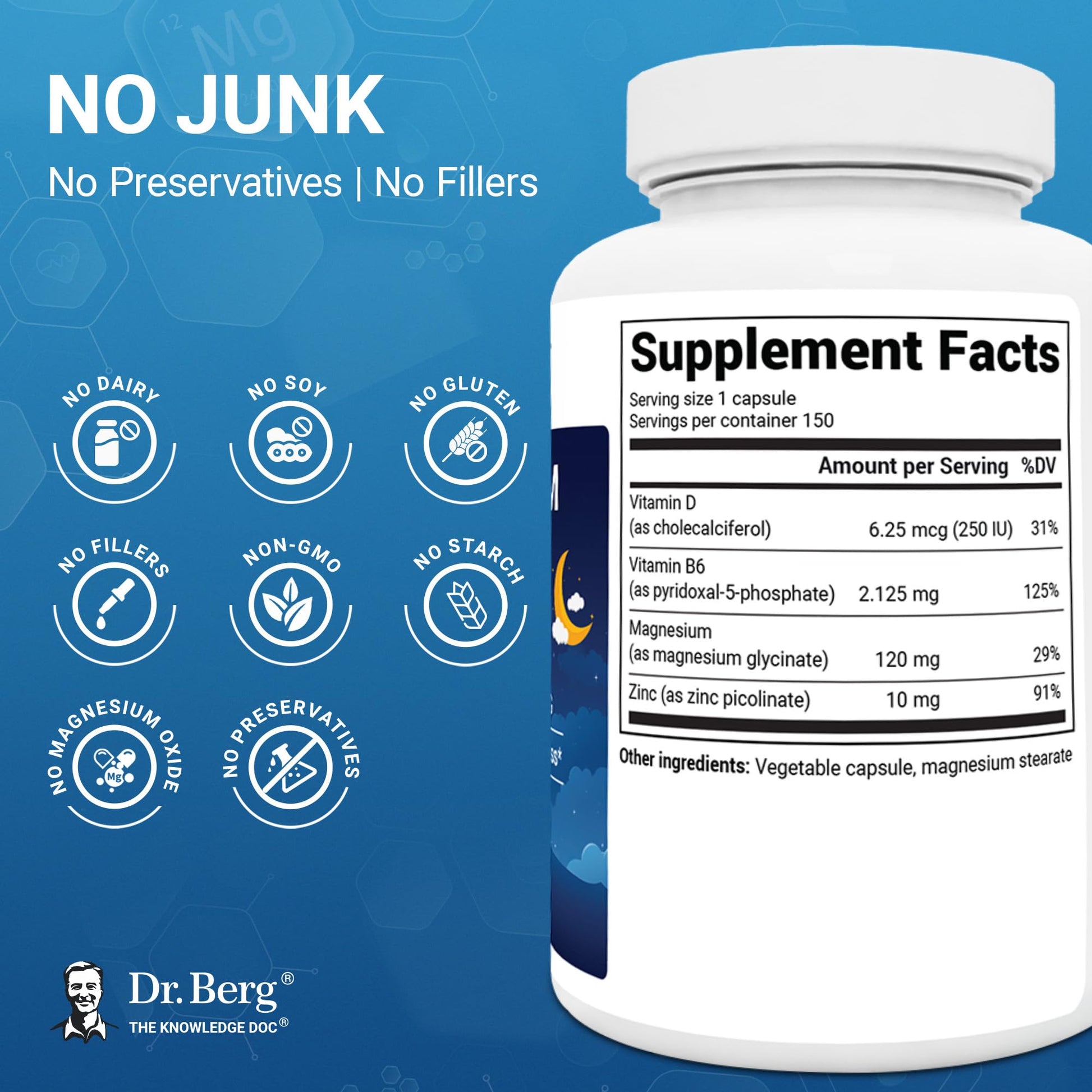 Dr. Berg Magnesium Glycinate 150ct – 4-in-1 Chelated for Muscle, Nerve, Sleep & Stress Support*– w/ D3, B6 & Zinc – 4X Lab-Tested – No Fillers – Formulated in USA, GMP-Certified - dailyvitalstore