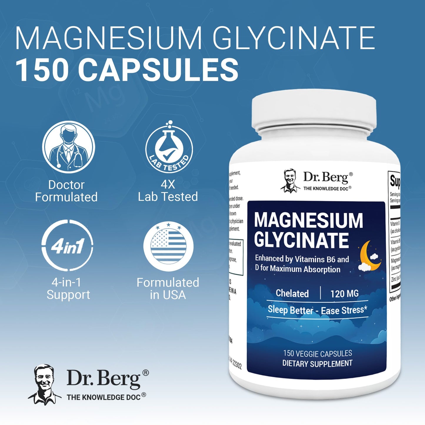 Dr. Berg Magnesium Glycinate 150ct – 4-in-1 Chelated for Muscle, Nerve, Sleep & Stress Support*– w/ D3, B6 & Zinc – 4X Lab-Tested – No Fillers – Formulated in USA, GMP-Certified - dailyvitalstore