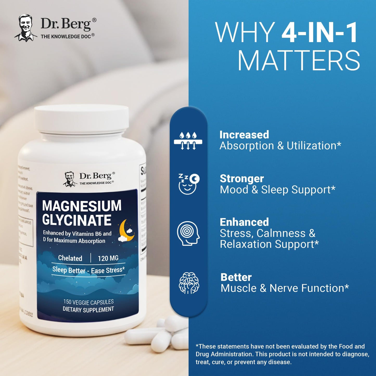 Dr. Berg Magnesium Glycinate 150ct – 4-in-1 Chelated for Muscle, Nerve, Sleep & Stress Support*– w/ D3, B6 & Zinc – 4X Lab-Tested – No Fillers – Formulated in USA, GMP-Certified - dailyvitalstore
