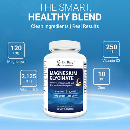 Dr. Berg Magnesium Glycinate 150ct – 4-in-1 Chelated for Muscle, Nerve, Sleep & Stress Support*– w/ D3, B6 & Zinc – 4X Lab-Tested – No Fillers – Formulated in USA, GMP-Certified - dailyvitalstore