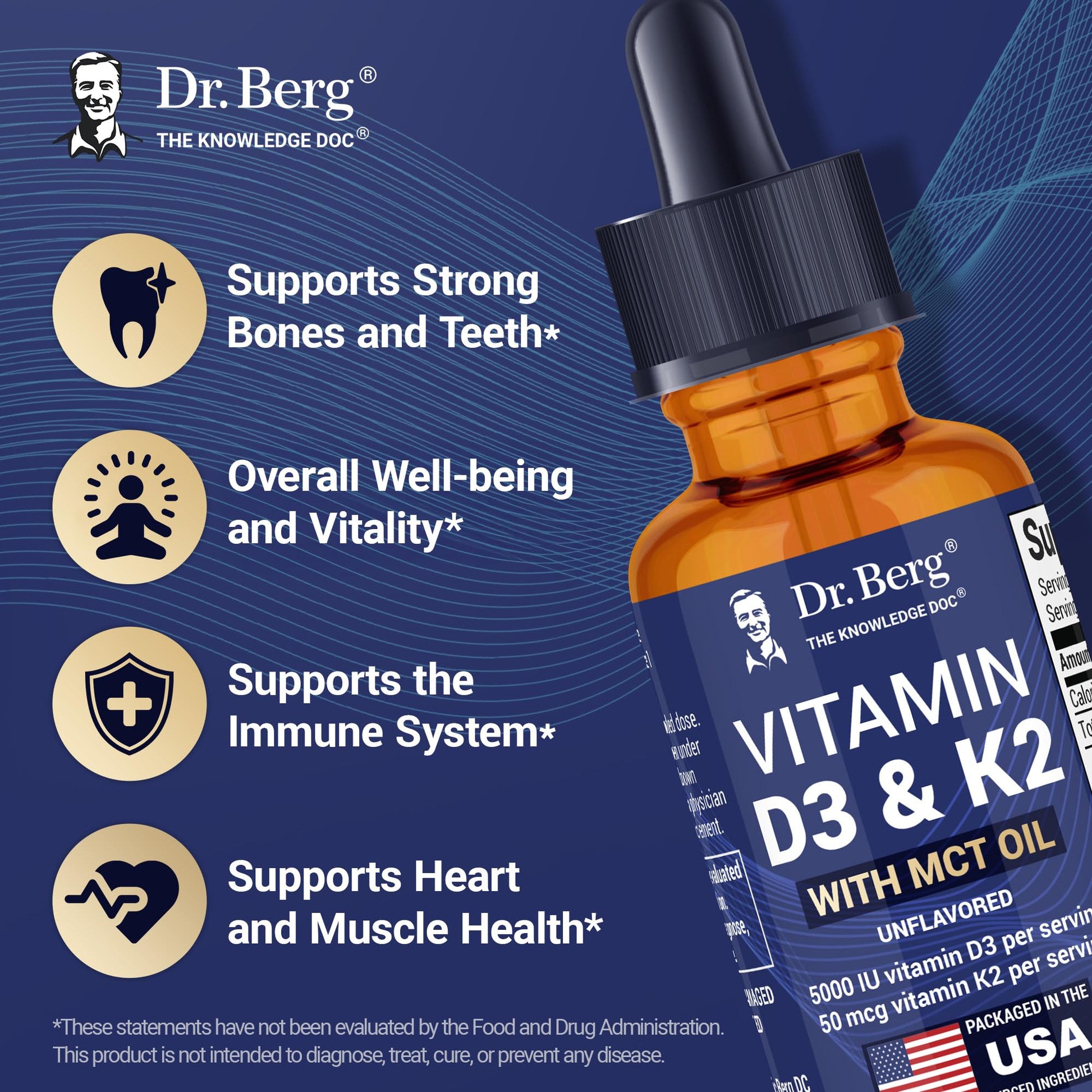 Dr. Berg Maximum Strength Vitamin D3 K2 Liquid Drops with MCT Oil – 5,000 IU Liquid Vitamin D3 with K2 – Supports Strong Bones, Heart, Energy, Immunity, and Overall Vitality* - Unflavored 1 Fl Oz - dailyvitalstore