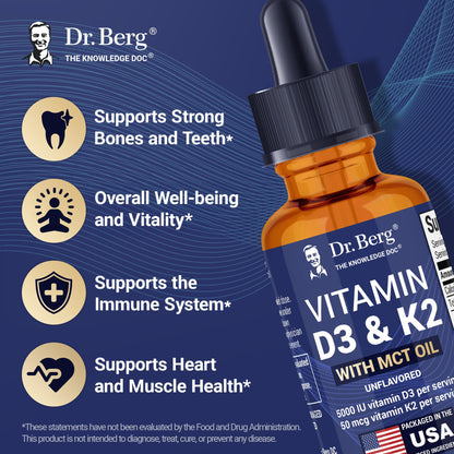 Dr. Berg Maximum Strength Vitamin D3 K2 Liquid Drops with MCT Oil – 5,000 IU Liquid Vitamin D3 with K2 – Supports Strong Bones, Heart, Energy, Immunity, and Overall Vitality* - Unflavored 1 Fl Oz - dailyvitalstore