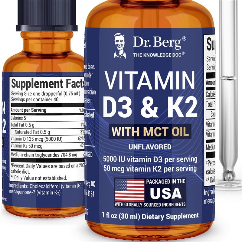 Dr. Berg Maximum Strength Vitamin D3 K2 Liquid Drops with MCT Oil – 5,000 IU Liquid Vitamin D3 with K2 – Supports Strong Bones, Heart, Energy, Immunity, and Overall Vitality* - Unflavored 1 Fl Oz - dailyvitalstore
