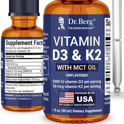 Dr. Berg Maximum Strength Vitamin D3 K2 Liquid Drops with MCT Oil – 5,000 IU Liquid Vitamin D3 with K2 – Supports Strong Bones, Heart, Energy, Immunity, and Overall Vitality* - Unflavored 1 Fl Oz - dailyvitalstore