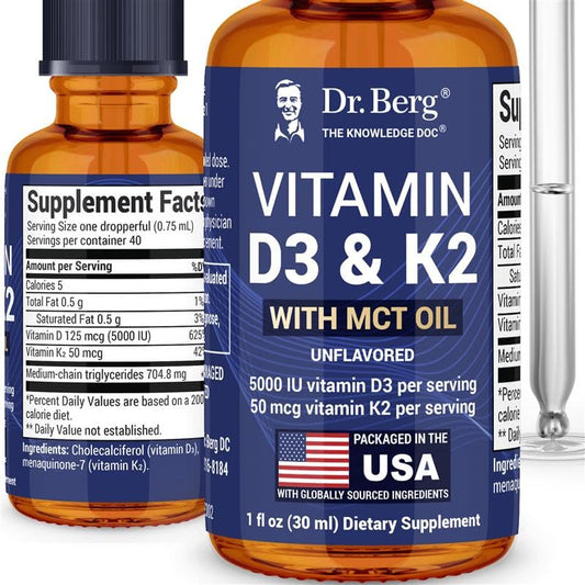 Dr. Berg Maximum Strength Vitamin D3 K2 Liquid Drops with MCT Oil – 5,000 IU Liquid Vitamin D3 with K2 – Supports Strong Bones, Heart, Energy, Immunity, and Overall Vitality* - Unflavored 1 Fl Oz - dailyvitalstore