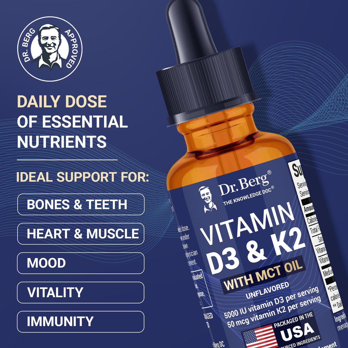 Dr. Berg Maximum Strength Vitamin D3 K2 Liquid Drops with MCT Oil – 5,000 IU Liquid Vitamin D3 with K2 – Supports Strong Bones, Heart, Energy, Immunity, and Overall Vitality* - Unflavored 1 Fl Oz - dailyvitalstore