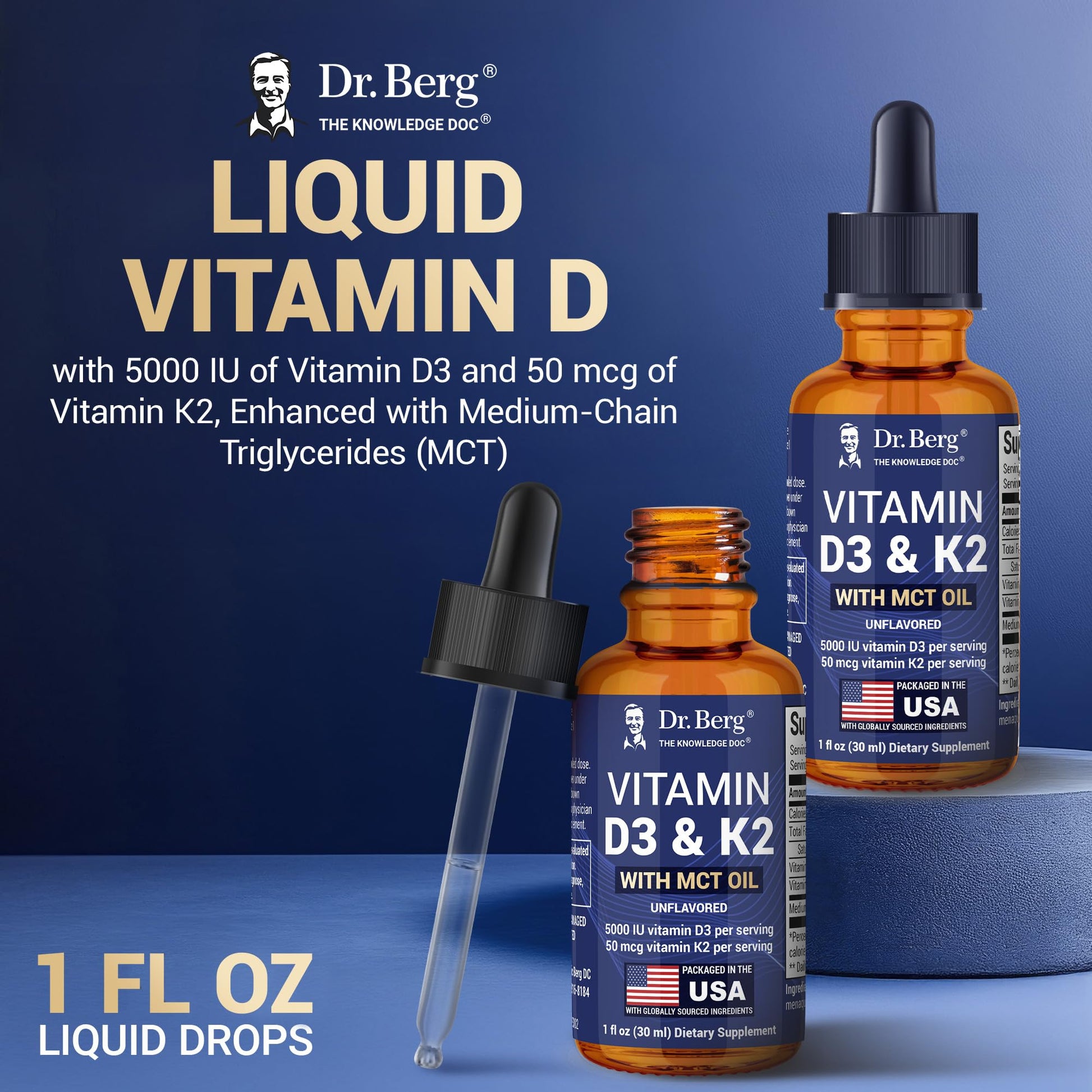 Dr. Berg Maximum Strength Vitamin D3 K2 Liquid Drops with MCT Oil – 5,000 IU Liquid Vitamin D3 with K2 – Supports Strong Bones, Heart, Energy, Immunity, and Overall Vitality* - Unflavored 1 Fl Oz - dailyvitalstore