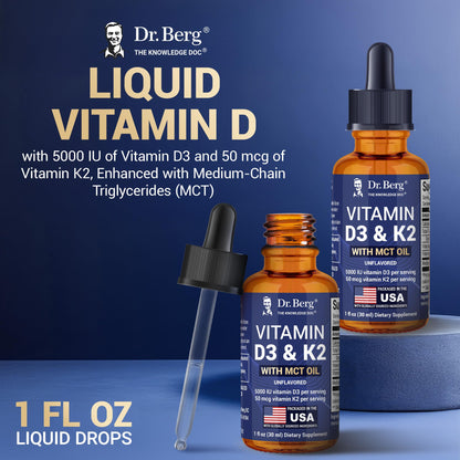 Dr. Berg Maximum Strength Vitamin D3 K2 Liquid Drops with MCT Oil – 5,000 IU Liquid Vitamin D3 with K2 – Supports Strong Bones, Heart, Energy, Immunity, and Overall Vitality* - Unflavored 1 Fl Oz - dailyvitalstore