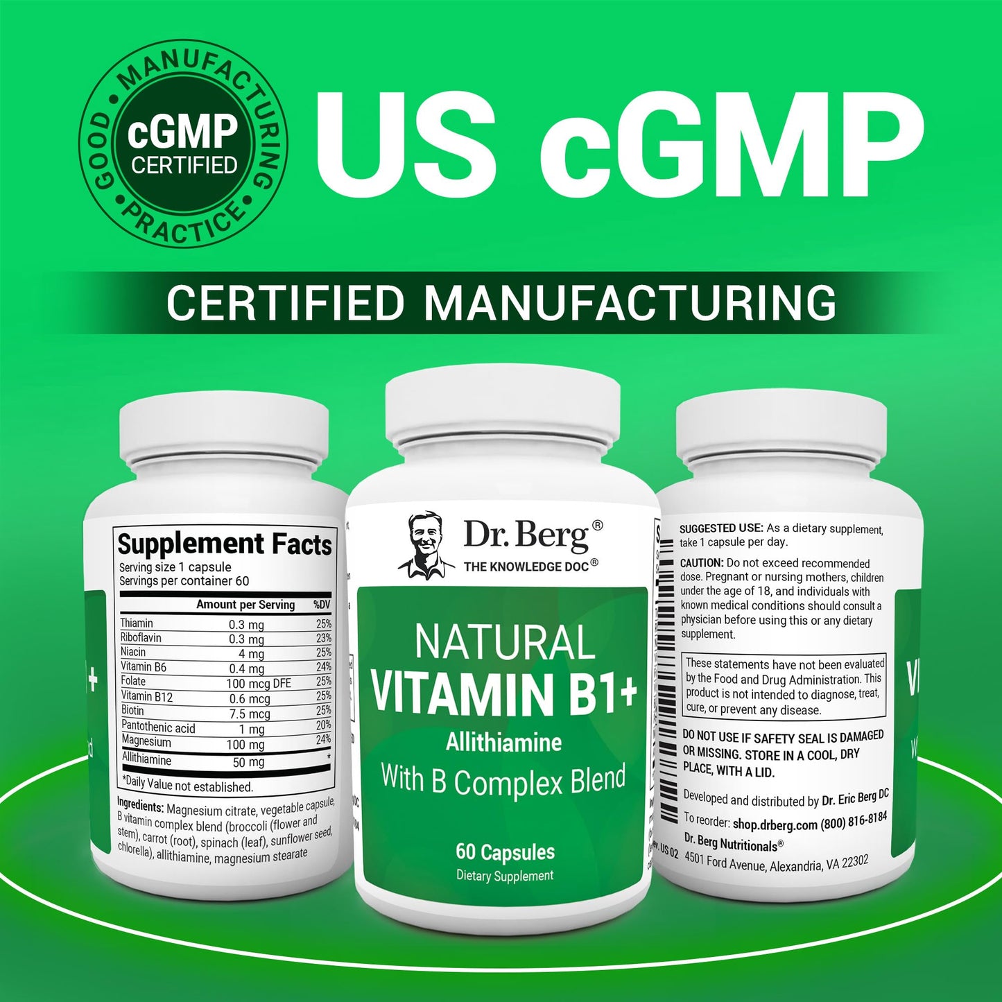 Dr. Berg Natural Vitamin B1 B6 B12 Complex - Allithiamine Vitamin B1 Supplement with 8 Essential Vitamin B Complex for Men & Women Including Thiamin, Niacin, Folate, Magnesium & More - 60 Capsules - dailyvitalstore