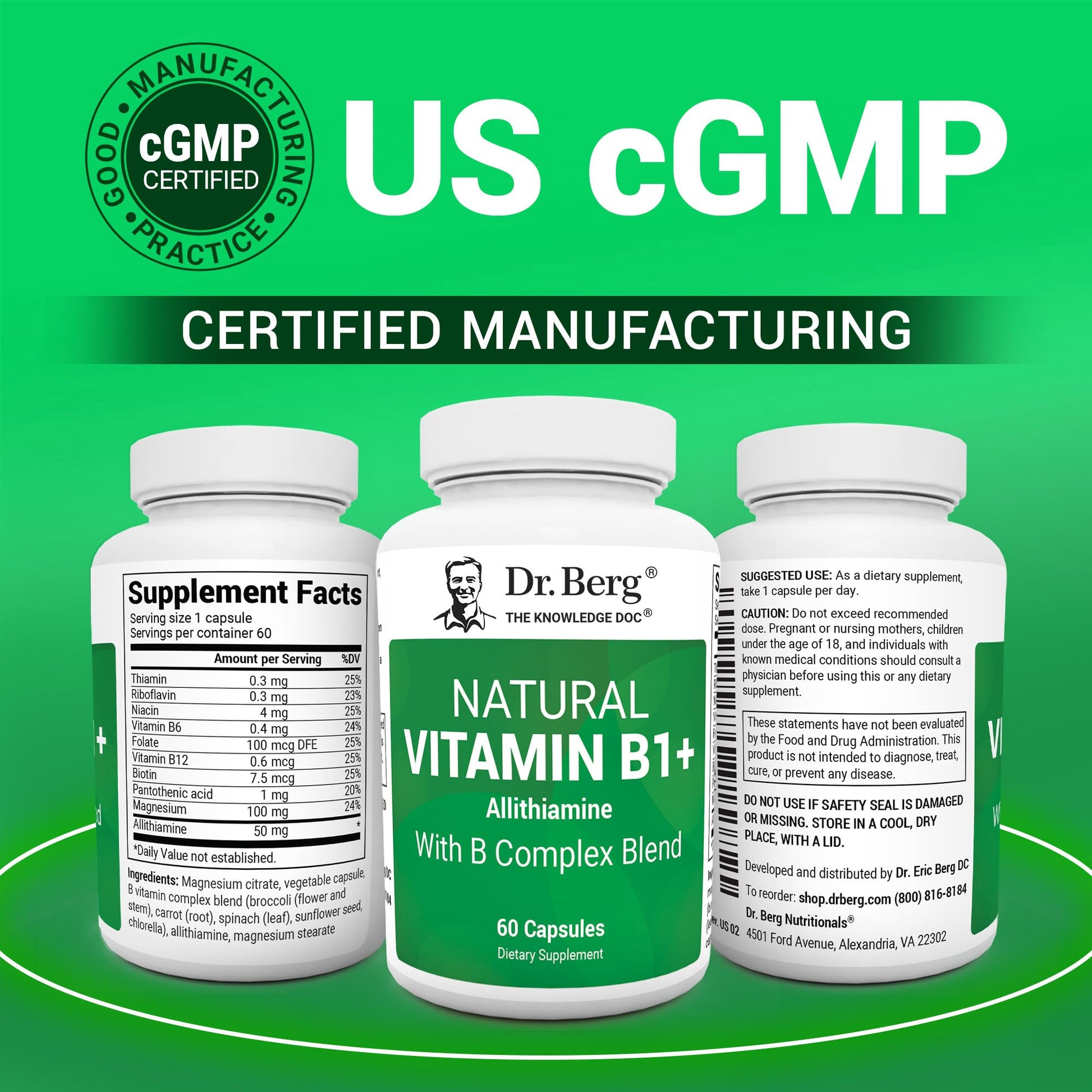 Dr. Berg Natural Vitamin B1 B6 B12 Complex - Allithiamine Vitamin B1 Supplement with 8 Essential Vitamin B Complex for Men & Women Including Thiamin, Niacin, Folate, Magnesium & More - 60 Capsules - dailyvitalstore