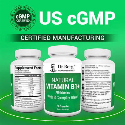 Dr. Berg Natural Vitamin B1 B6 B12 Complex - Allithiamine Vitamin B1 Supplement with 8 Essential Vitamin B Complex for Men & Women Including Thiamin, Niacin, Folate, Magnesium & More - 60 Capsules - dailyvitalstore