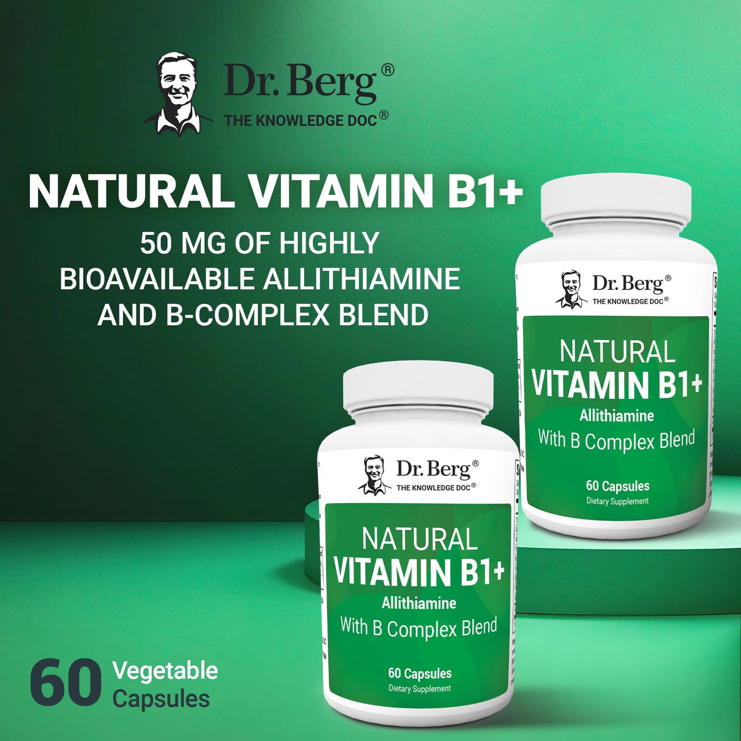 Dr. Berg Natural Vitamin B1 B6 B12 Complex - Allithiamine Vitamin B1 Supplement with 8 Essential Vitamin B Complex for Men & Women Including Thiamin, Niacin, Folate, Magnesium & More - 60 Capsules - dailyvitalstore