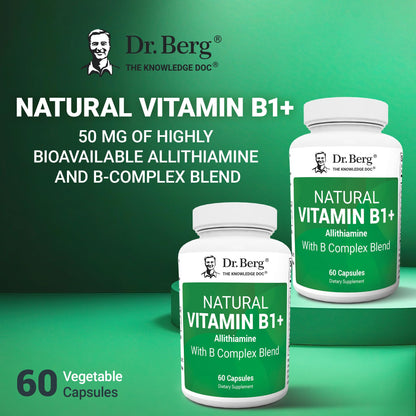 Dr. Berg Natural Vitamin B1 B6 B12 Complex - Allithiamine Vitamin B1 Supplement with 8 Essential Vitamin B Complex for Men & Women Including Thiamin, Niacin, Folate, Magnesium & More - 60 Capsules - dailyvitalstore
