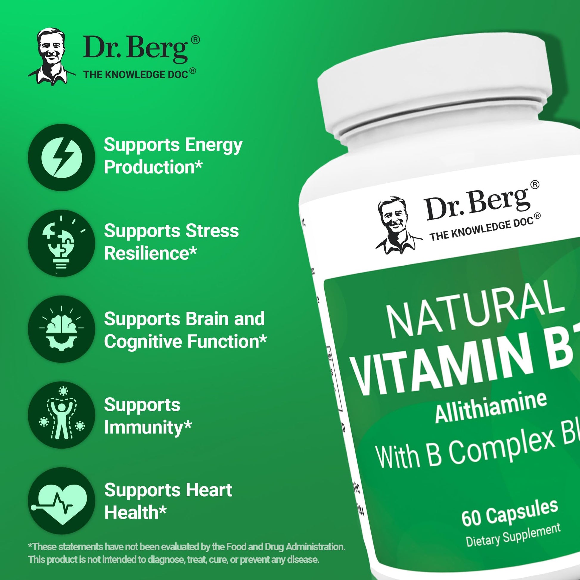 Dr. Berg Natural Vitamin B1 B6 B12 Complex - Allithiamine Vitamin B1 Supplement with 8 Essential Vitamin B Complex for Men & Women Including Thiamin, Niacin, Folate, Magnesium & More - 60 Capsules - dailyvitalstore