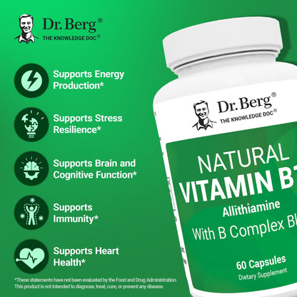Dr. Berg Natural Vitamin B1 B6 B12 Complex - Allithiamine Vitamin B1 Supplement with 8 Essential Vitamin B Complex for Men & Women Including Thiamin, Niacin, Folate, Magnesium & More - 60 Capsules - dailyvitalstore