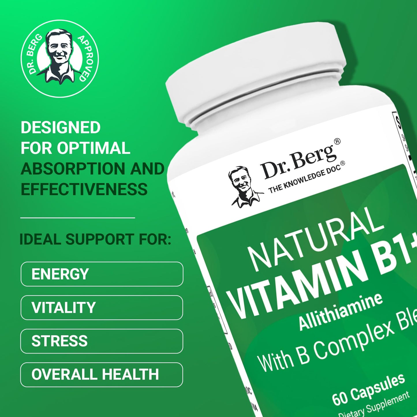 Dr. Berg Natural Vitamin B1 B6 B12 Complex - Allithiamine Vitamin B1 Supplement with 8 Essential Vitamin B Complex for Men & Women Including Thiamin, Niacin, Folate, Magnesium & More - 60 Capsules - dailyvitalstore