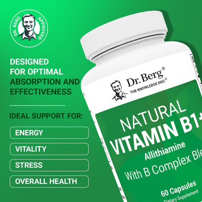 Dr. Berg Natural Vitamin B1 B6 B12 Complex - Allithiamine Vitamin B1 Supplement with 8 Essential Vitamin B Complex for Men & Women Including Thiamin, Niacin, Folate, Magnesium & More - 60 Capsules - dailyvitalstore