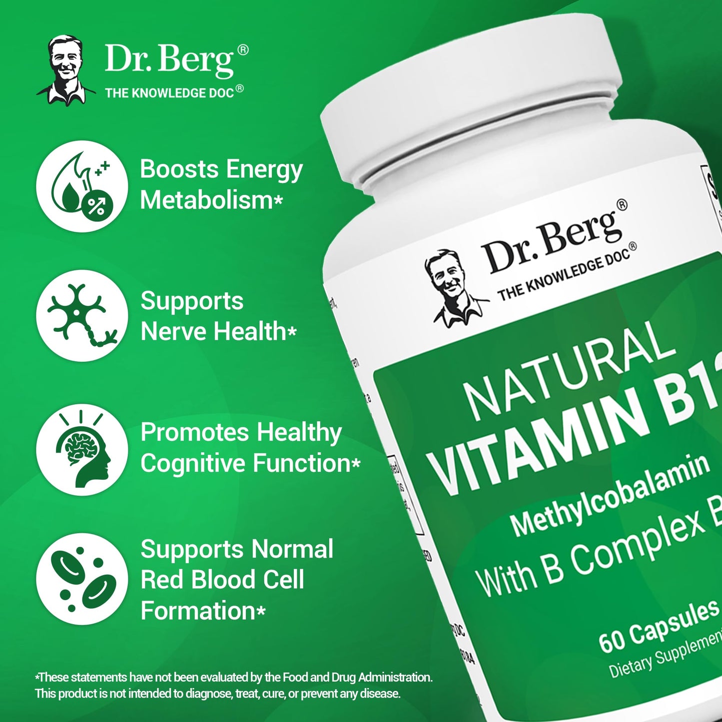 Dr. Berg Natural Vitamin B12 1000 mcg with B Complex Blend - Methylcobalamin B12 for Energy, Nerve Health, and Cognitive Function* - Methylated B12 with Folate - 60 Capsules (2-Month Supply) - dailyvitalstore