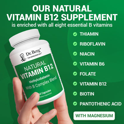 Dr. Berg Natural Vitamin B12 1000 mcg with B Complex Blend - Methylcobalamin B12 for Energy, Nerve Health, and Cognitive Function* - Methylated B12 with Folate - 60 Capsules (2-Month Supply) - dailyvitalstore