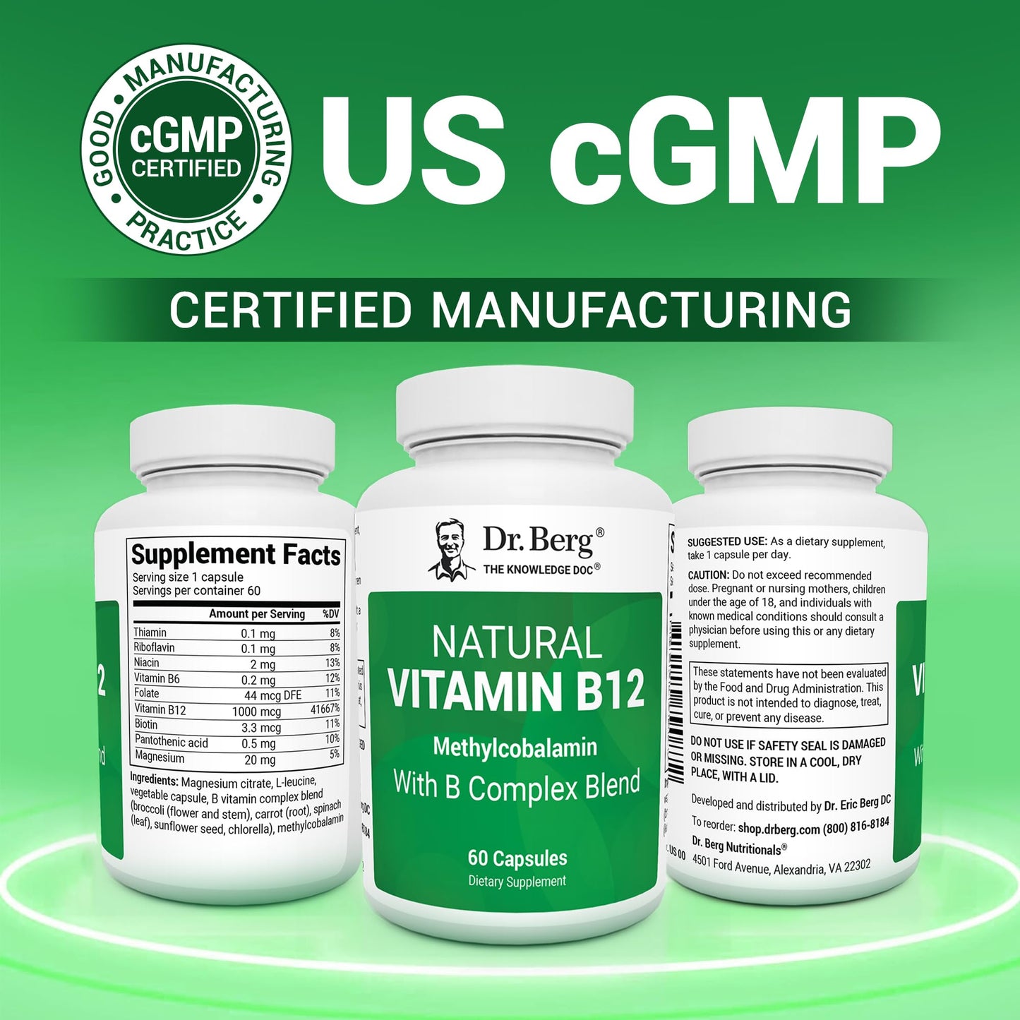 Dr. Berg Natural Vitamin B12 1000 mcg with B Complex Blend - Methylcobalamin B12 for Energy, Nerve Health, and Cognitive Function* - Methylated B12 with Folate - 60 Capsules (2-Month Supply) - dailyvitalstore