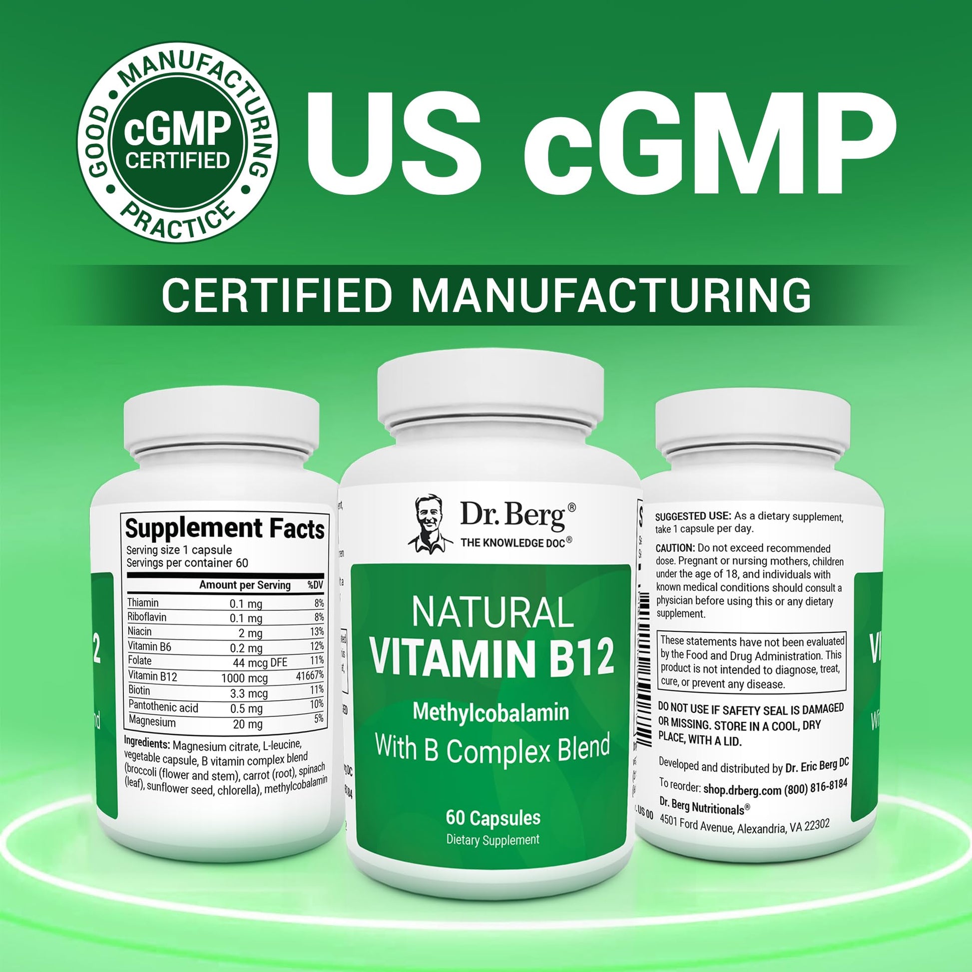Dr. Berg Natural Vitamin B12 1000 mcg with B Complex Blend - Methylcobalamin B12 for Energy, Nerve Health, and Cognitive Function* - Methylated B12 with Folate - 60 Capsules (2-Month Supply) - dailyvitalstore