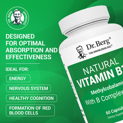 Dr. Berg Natural Vitamin B12 1000 mcg with B Complex Blend - Methylcobalamin B12 for Energy, Nerve Health, and Cognitive Function* - Methylated B12 with Folate - 60 Capsules (2-Month Supply) - dailyvitalstore
