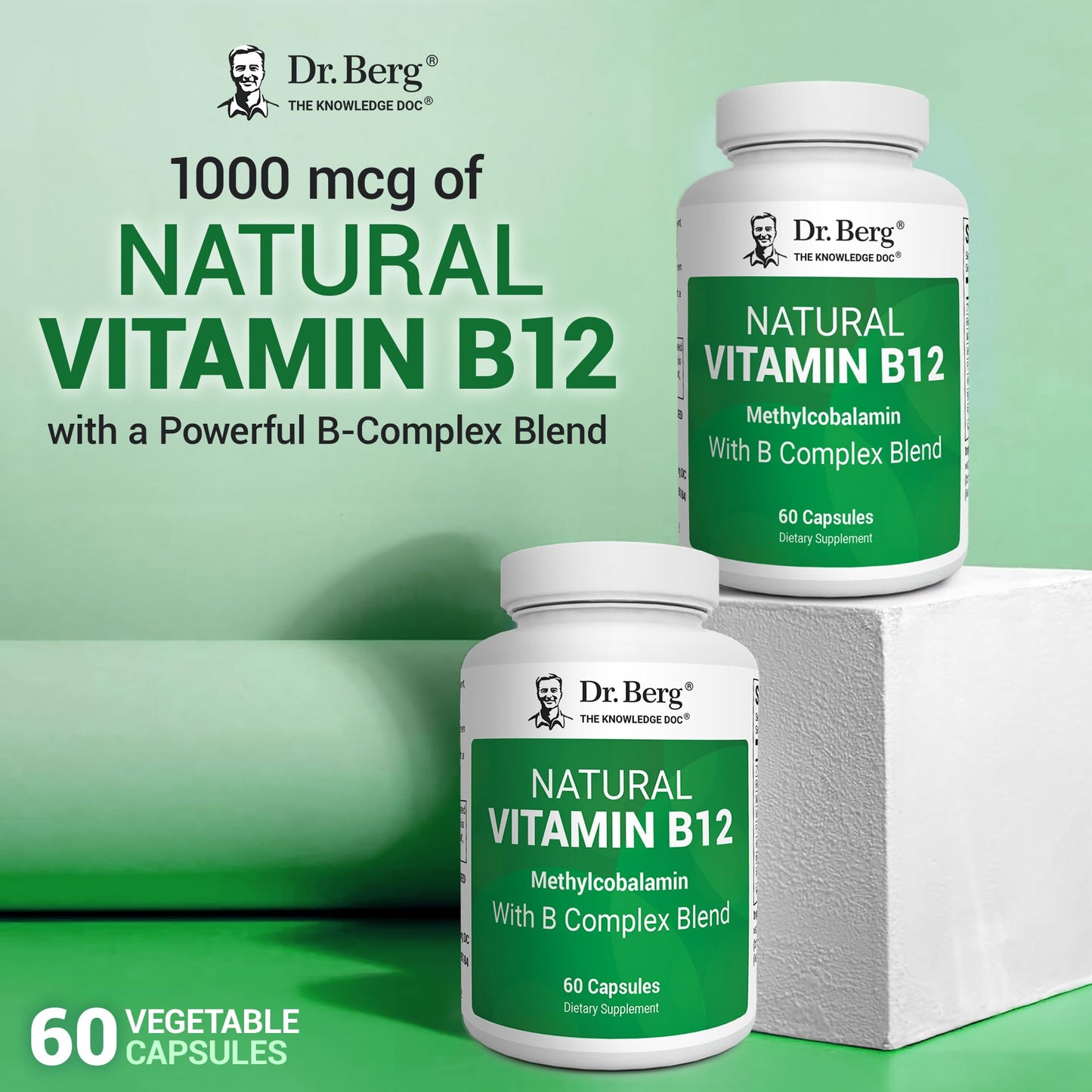 Dr. Berg Natural Vitamin B12 1000 mcg with B Complex Blend - Methylcobalamin B12 for Energy, Nerve Health, and Cognitive Function* - Methylated B12 with Folate - 60 Capsules (2-Month Supply) - dailyvitalstore