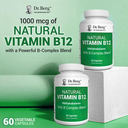 Dr. Berg Natural Vitamin B12 1000 mcg with B Complex Blend - Methylcobalamin B12 for Energy, Nerve Health, and Cognitive Function* - Methylated B12 with Folate - 60 Capsules (2-Month Supply) - dailyvitalstore