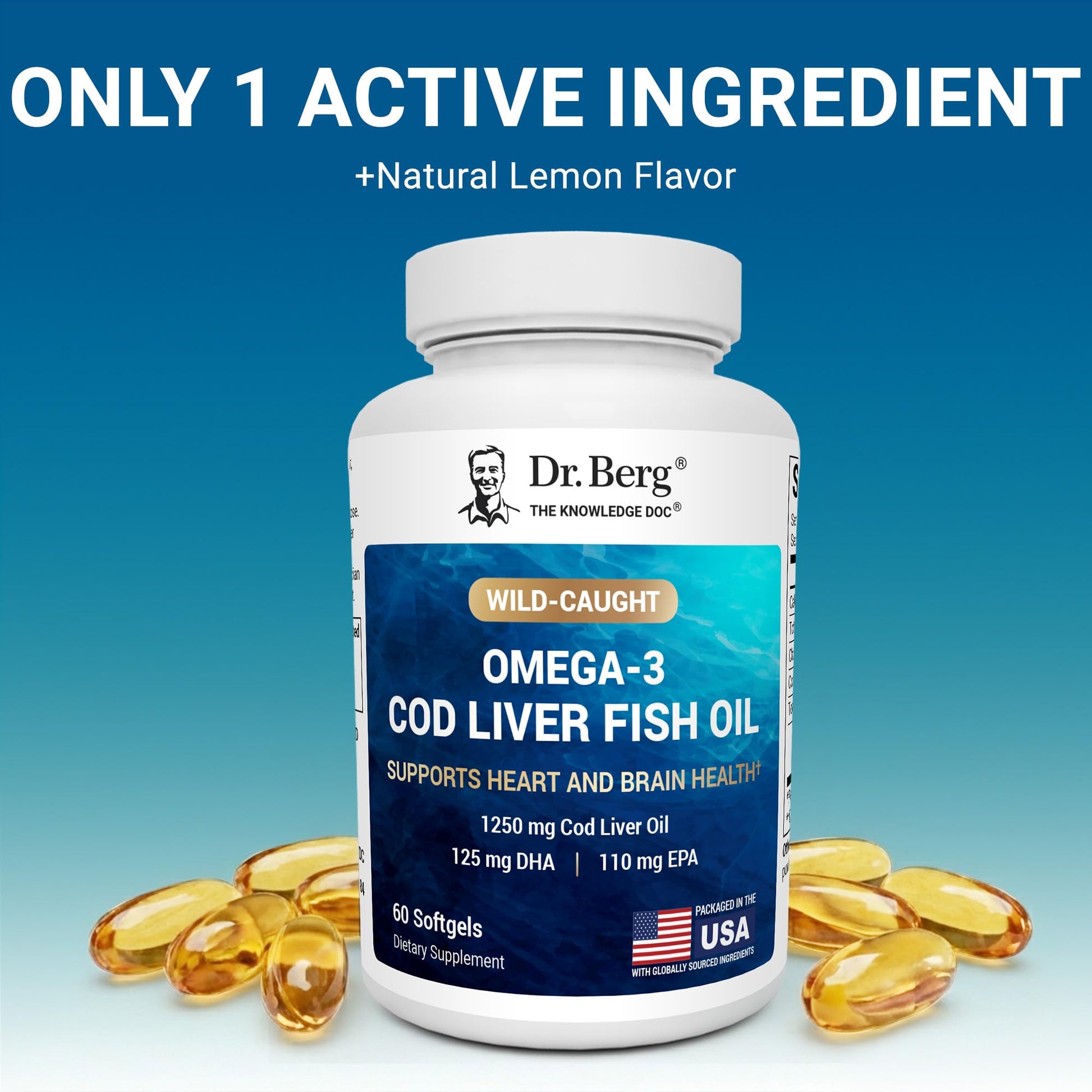 Dr. Berg Omega-3 Cod Liver Fish Oil 60 Softgels – Wild-Caught Icelandic Cod – Omega 3 EPA & DHA – Heart, Brain, Immune & Eye Support* – Lemon Flavor – 4X Lab-Tested – Non-GMO, No Fillers - dailyvitalstore