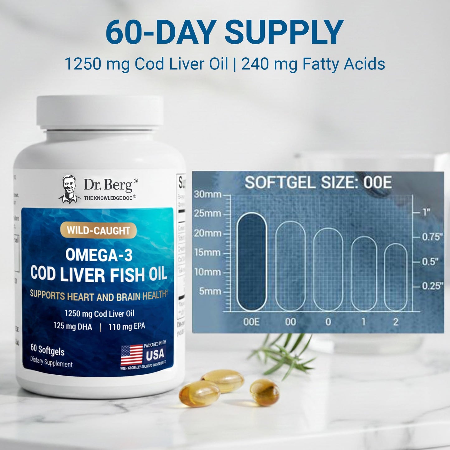 Dr. Berg Omega-3 Cod Liver Fish Oil 60 Softgels – Wild-Caught Icelandic Cod – Omega 3 EPA & DHA – Heart, Brain, Immune & Eye Support* – Lemon Flavor – 4X Lab-Tested – Non-GMO, No Fillers - dailyvitalstore