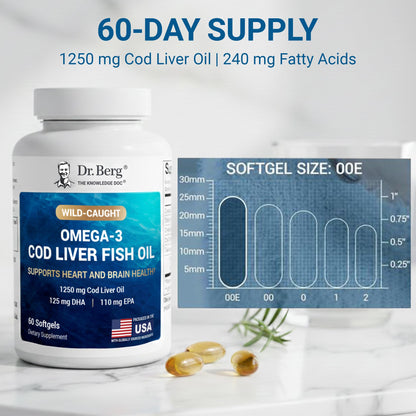 Dr. Berg Omega-3 Cod Liver Fish Oil 60 Softgels – Wild-Caught Icelandic Cod – Omega 3 EPA & DHA – Heart, Brain, Immune & Eye Support* – Lemon Flavor – 4X Lab-Tested – Non-GMO, No Fillers - dailyvitalstore