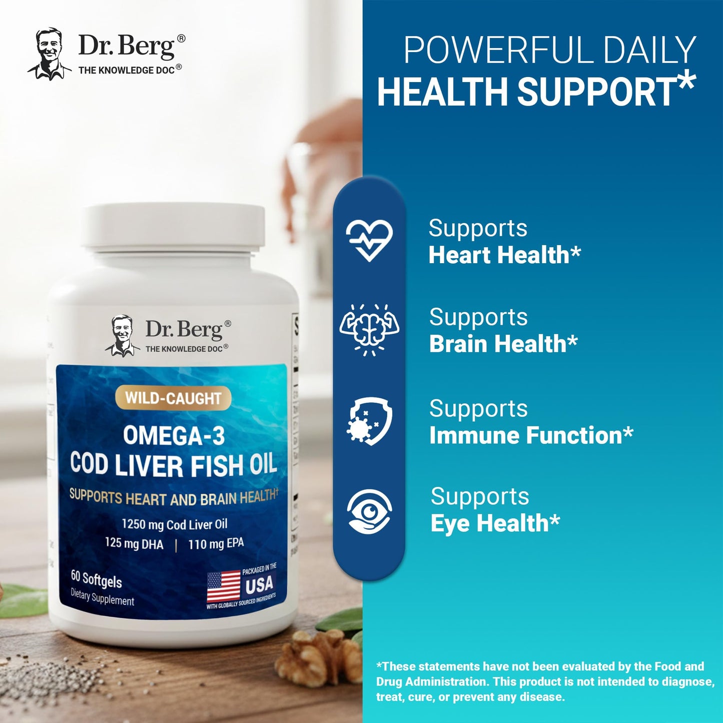 Dr. Berg Omega-3 Cod Liver Fish Oil 60 Softgels – Wild-Caught Icelandic Cod – Omega 3 EPA & DHA – Heart, Brain, Immune & Eye Support* – Lemon Flavor – 4X Lab-Tested – Non-GMO, No Fillers - dailyvitalstore