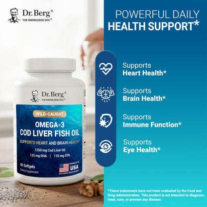 Dr. Berg Omega-3 Cod Liver Fish Oil 60 Softgels – Wild-Caught Icelandic Cod – Omega 3 EPA & DHA – Heart, Brain, Immune & Eye Support* – Lemon Flavor – 4X Lab-Tested – Non-GMO, No Fillers - dailyvitalstore