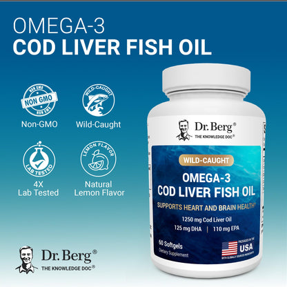 Dr. Berg Omega-3 Cod Liver Fish Oil 60 Softgels – Wild-Caught Icelandic Cod – Omega 3 EPA & DHA – Heart, Brain, Immune & Eye Support* – Lemon Flavor – 4X Lab-Tested – Non-GMO, No Fillers - dailyvitalstore