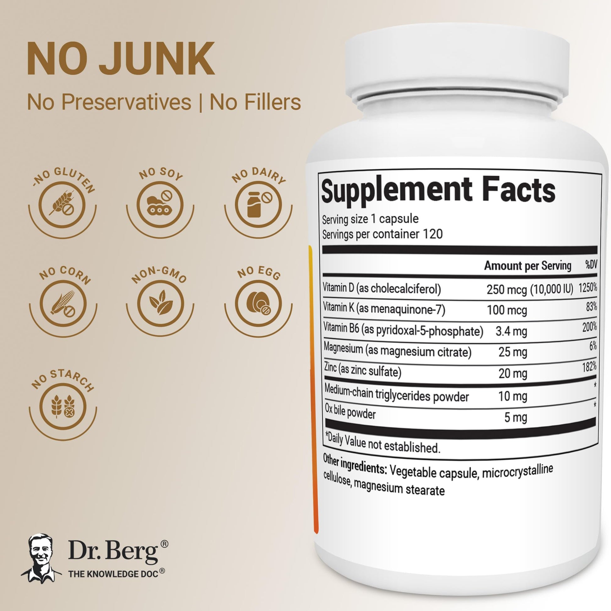 Dr. Berg Vitamin D3 & K2 10,000 IU + MK-7 – 120 Capsules – Immune, Bone & Heart Support* Supplement w/Magnesium, Zinc, B6 – 4X Lab-Tested – No Fillers – Non-GMO, cGMP, Formulated in USA - dailyvitalstore