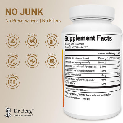 Dr. Berg Vitamin D3 & K2 10,000 IU + MK-7 – 120 Capsules – Immune, Bone & Heart Support* Supplement w/Magnesium, Zinc, B6 – 4X Lab-Tested – No Fillers – Non-GMO, cGMP, Formulated in USA - dailyvitalstore