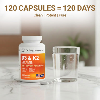 Dr. Berg Vitamin D3 & K2 10,000 IU + MK-7 – 120 Capsules – Immune, Bone & Heart Support* Supplement w/Magnesium, Zinc, B6 – 4X Lab-Tested – No Fillers – Non-GMO, cGMP, Formulated in USA - dailyvitalstore