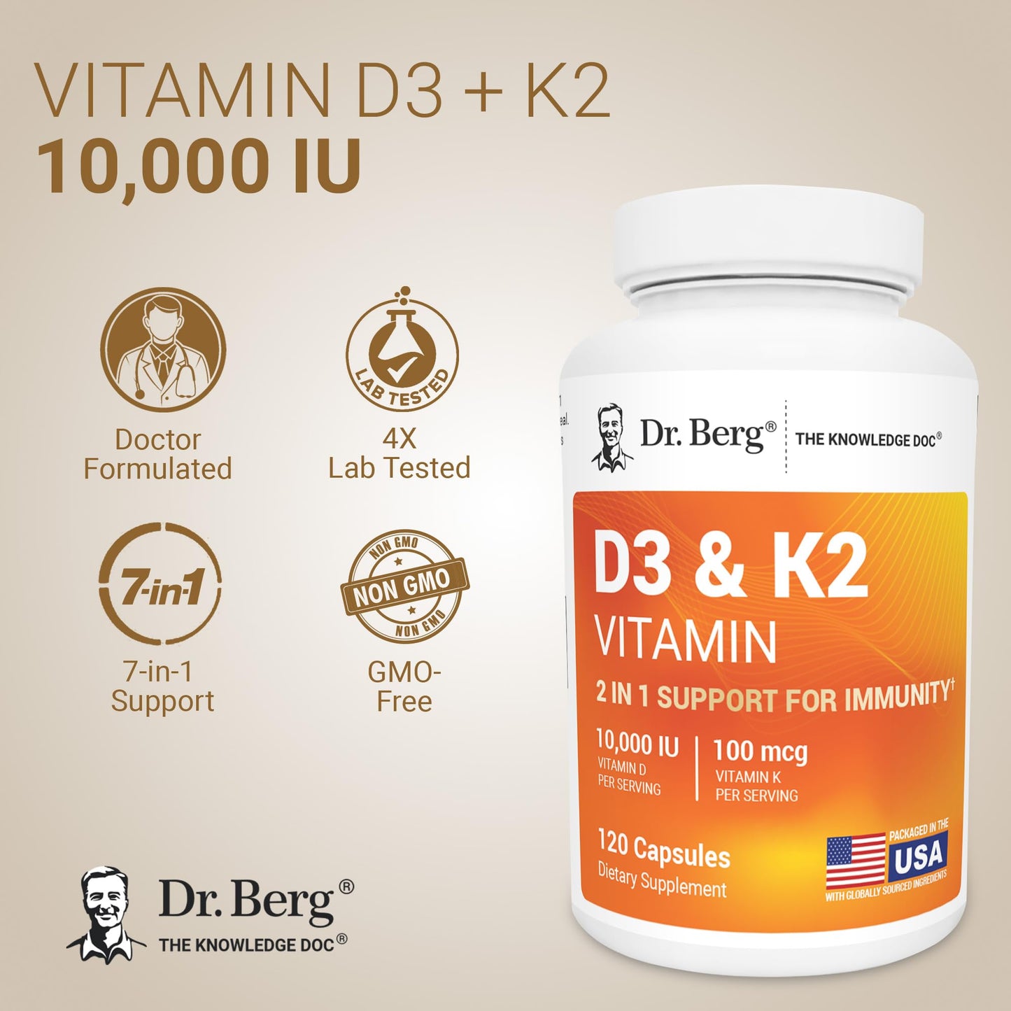 Dr. Berg Vitamin D3 & K2 10,000 IU + MK-7 – 120 Capsules – Immune, Bone & Heart Support* Supplement w/Magnesium, Zinc, B6 – 4X Lab-Tested – No Fillers – Non-GMO, cGMP, Formulated in USA - dailyvitalstore